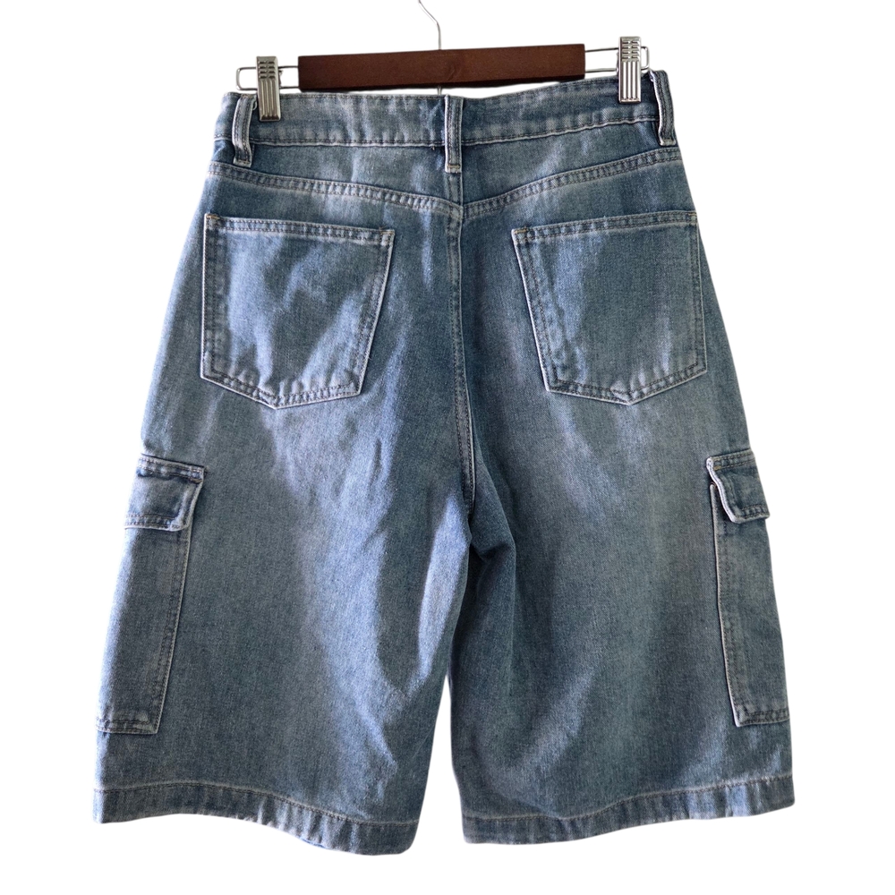 RISE Denim Cargo Shorts Women’s Sz 7 Light Blue Y2K Utility Carpenter Style - Picture 2 of 10